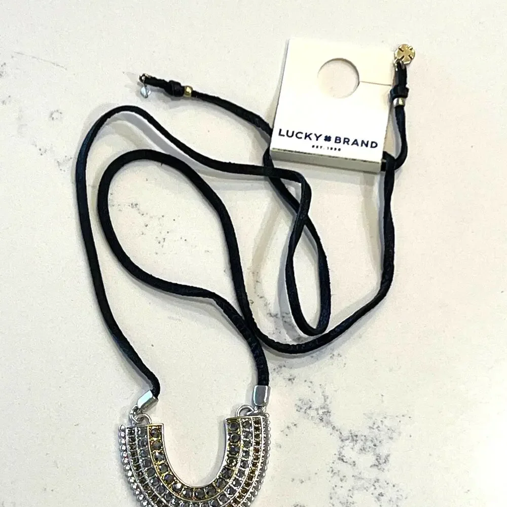 NWT Lucky Brand Pave Leather Arch Silver Boho Pendant Necklace